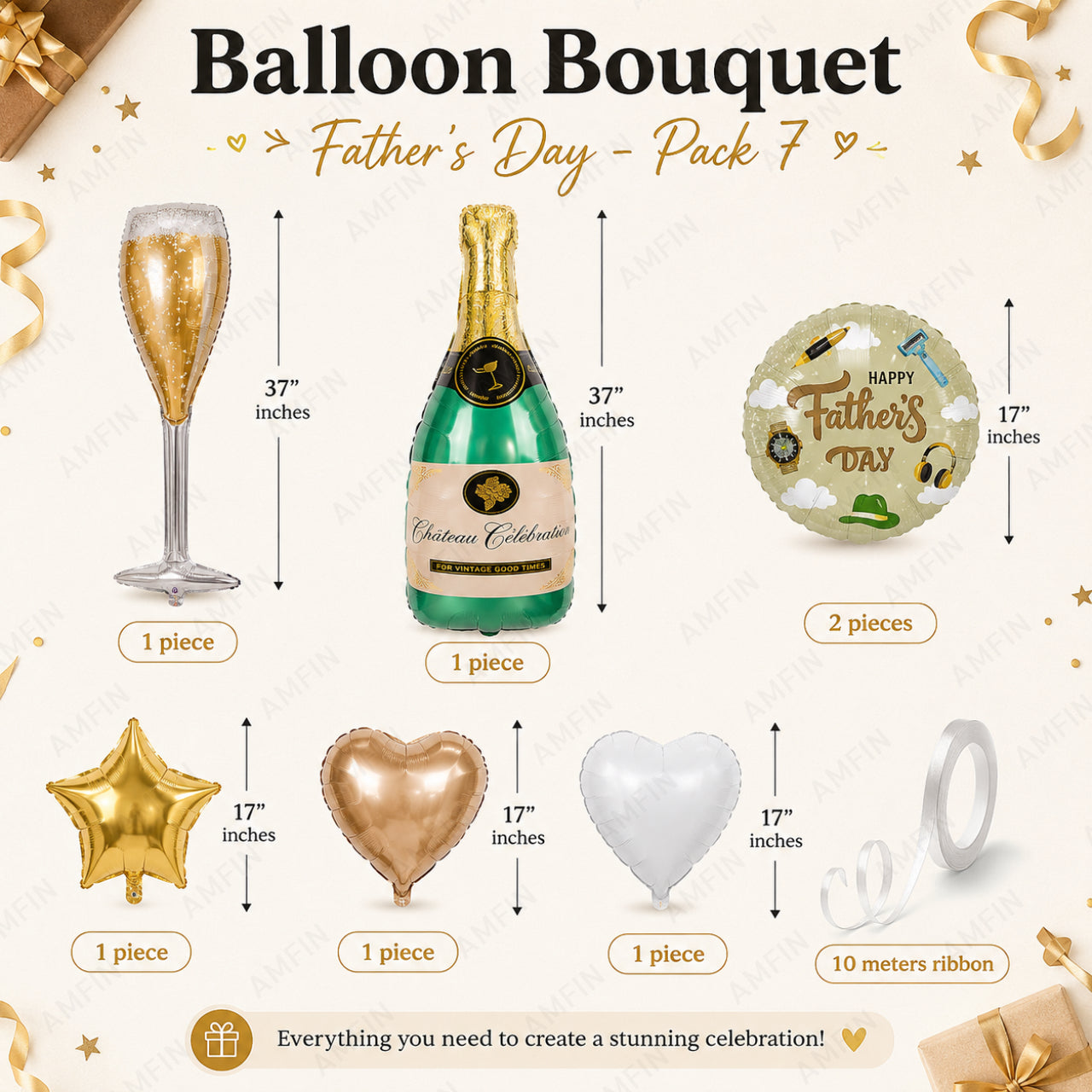 AMFIN [Signature Bunch Series] Father’s Day Balloon Champagne Bottle  Bouquet V5 - Pack of 7