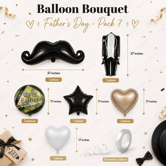 AMFIN [Signature Bunch Series] Father’s Day Moustache & Tuxedo Suit Balloon Bouquet V6 - Pack of 7
