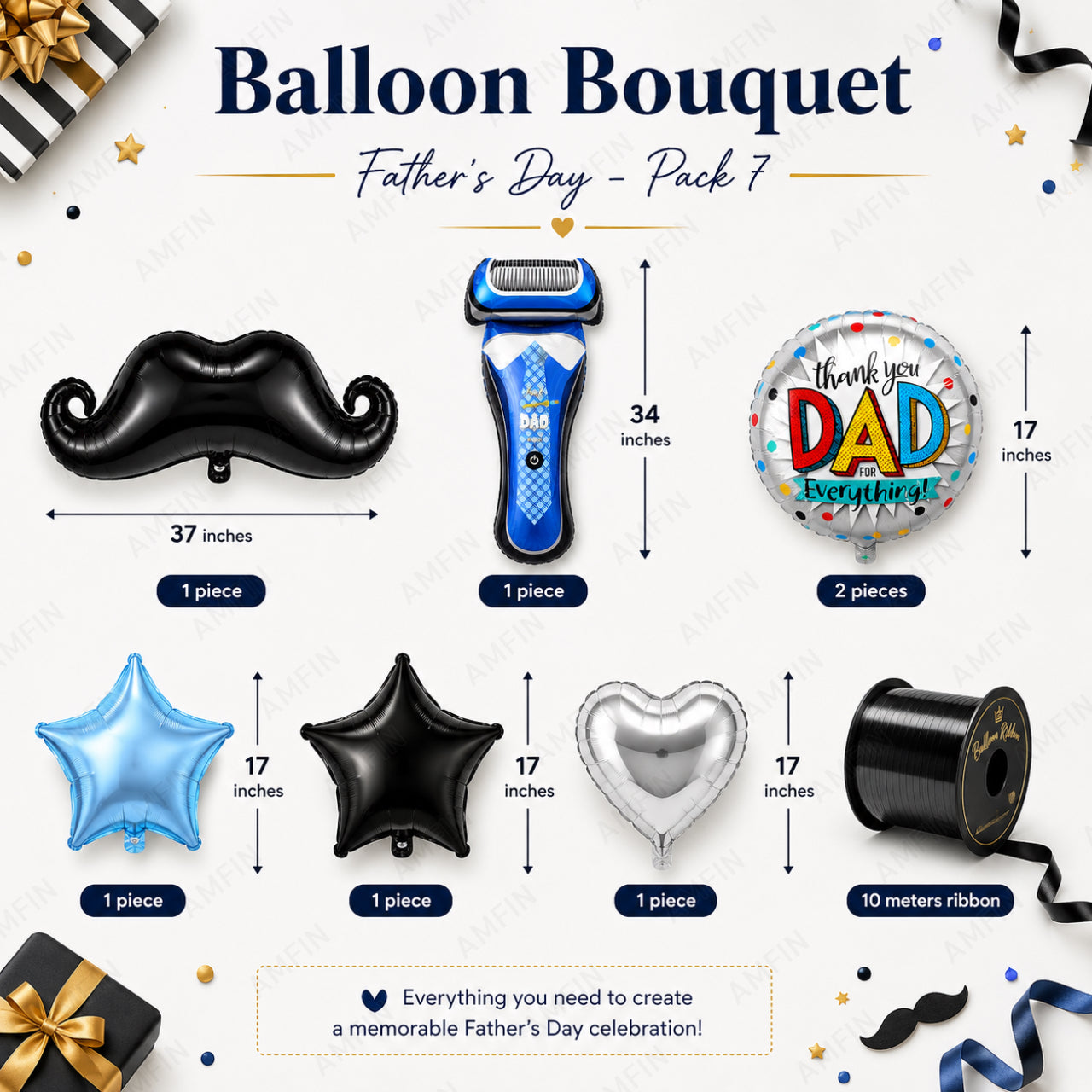 AMFIN [Signature Bunch Series] Father's Day Balloon Bouquet Shaving Razor Moustache Theme V2 - Pack of 7