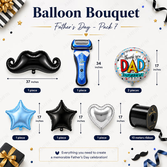 AMFIN [Signature Bunch Series] Father's Day Balloon Bouquet Shaving Razor Moustache Theme V2 - Pack of 7