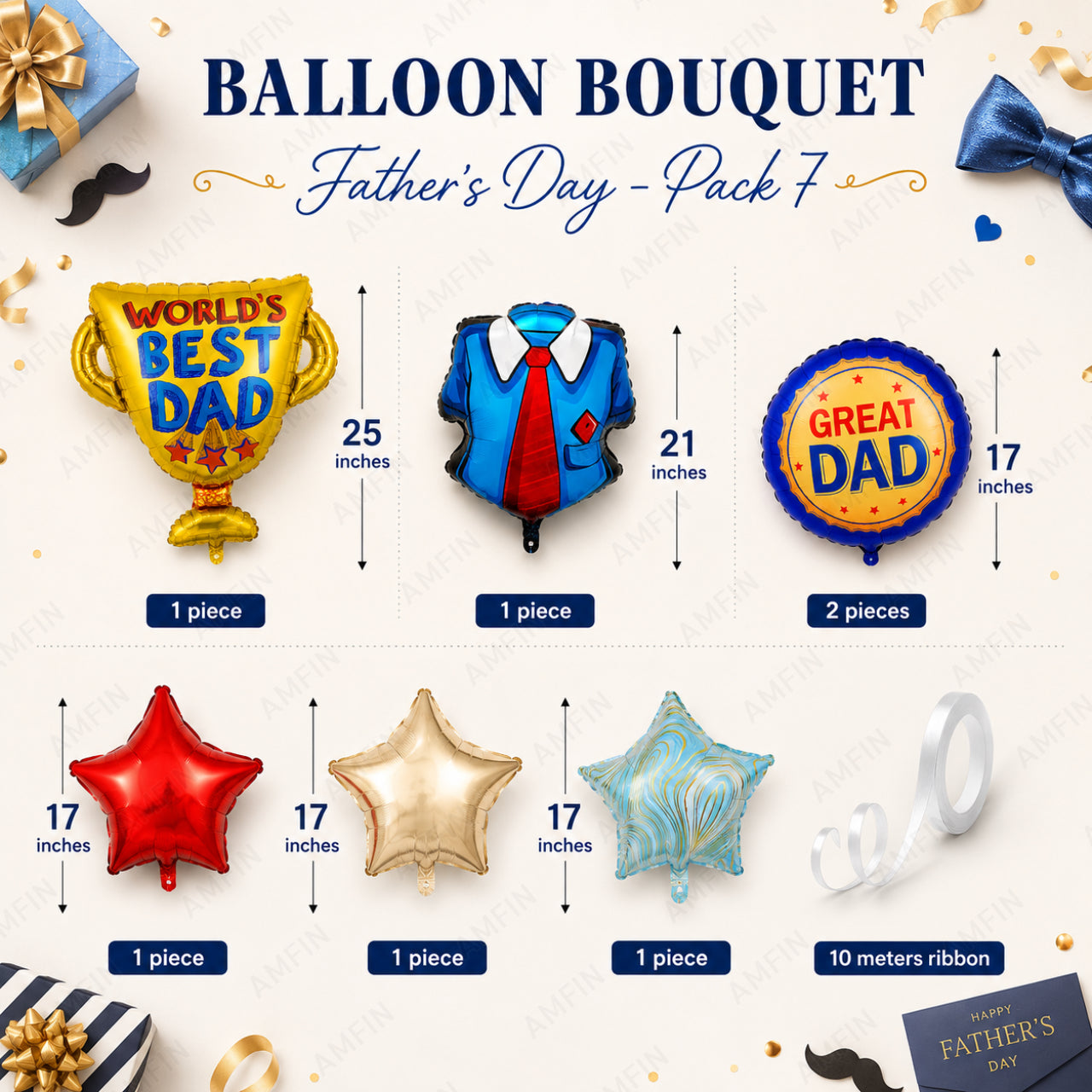 AMFIN [Signature Bunch Series] World's Best Dad Father’s Day Balloon Bouquet V1 - Pack of 7