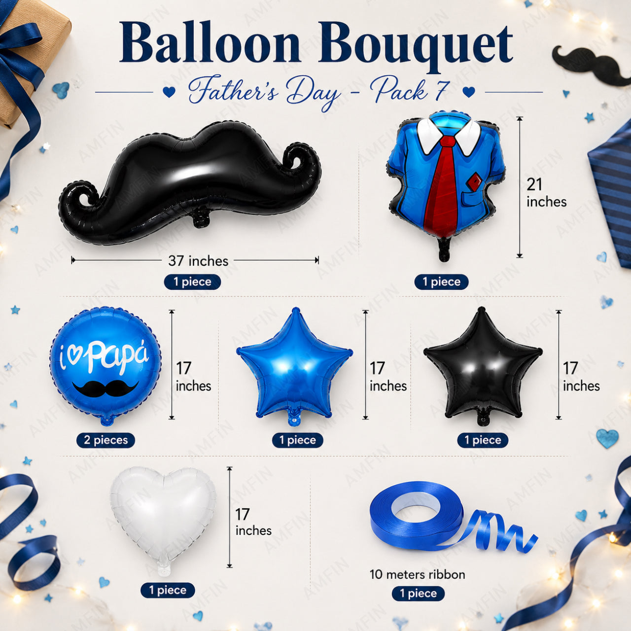 AMFIN [Signature Bunch Series] Father’s Day Balloon Moustache & Shirt with Tie Bouquet V4 - Pack of 7