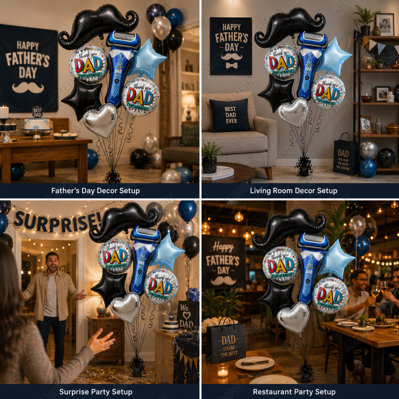 AMFIN [Signature Bunch Series] Father's Day Balloon Bouquet Shaving Razor Moustache Theme V2 - Pack of 7