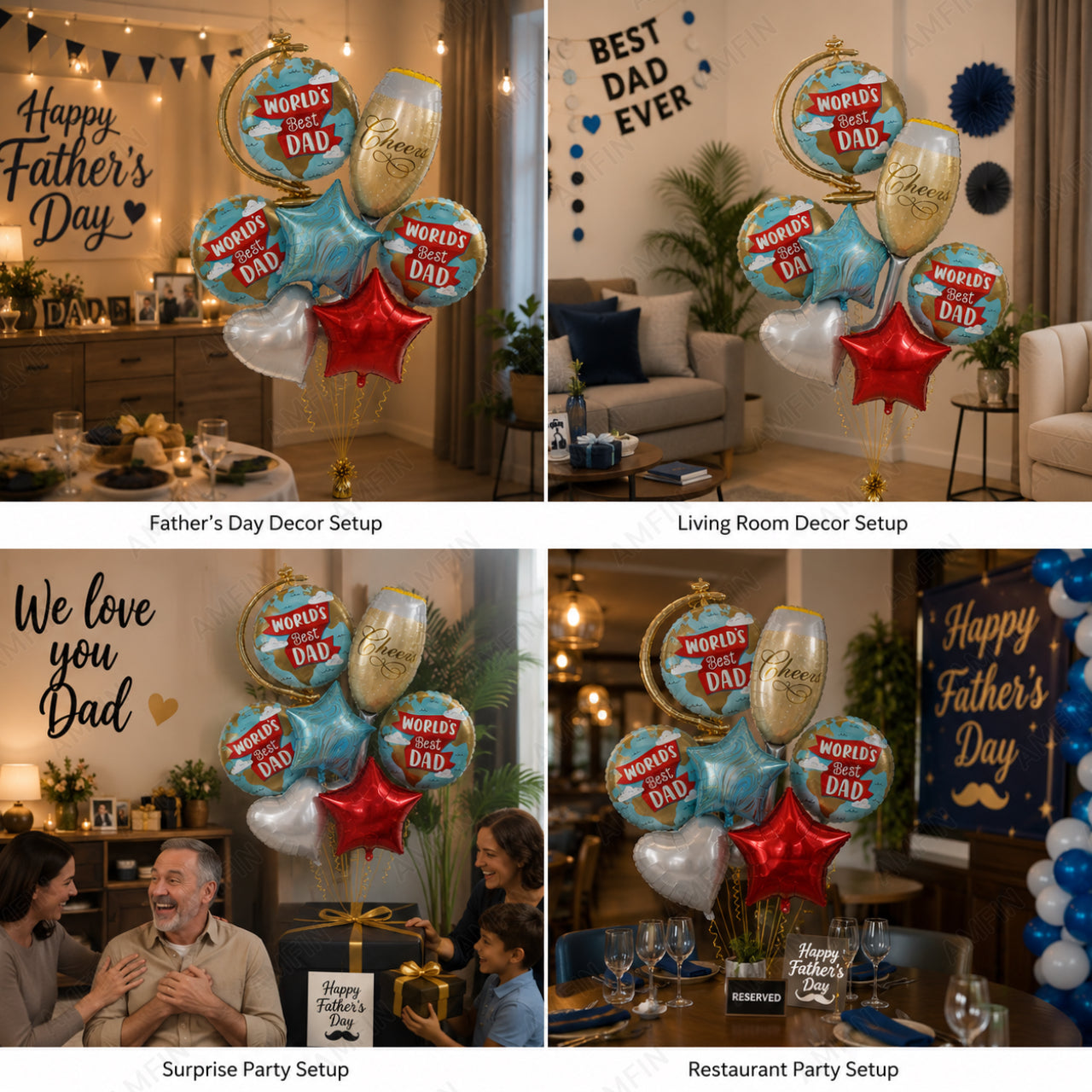 AMFIN [Signature Bunch Series] Father’s Day Balloon Bouquet Globe Cheers V3 - Pack of 7