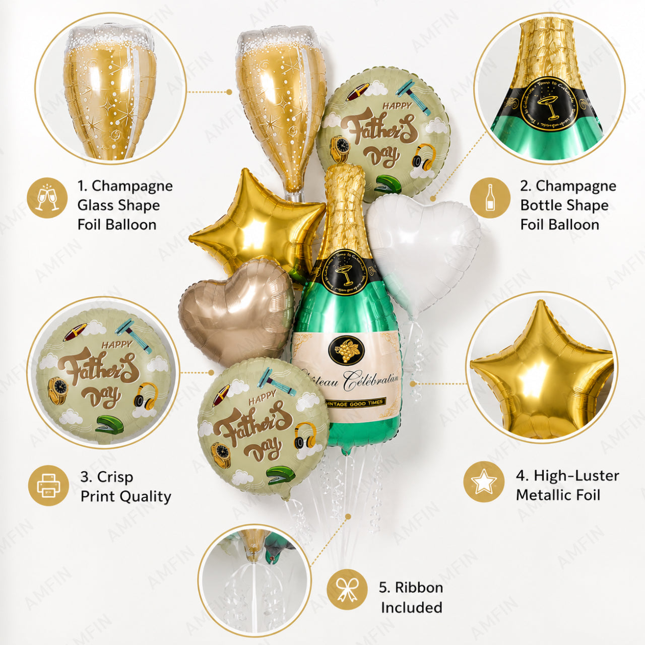 AMFIN [Signature Bunch Series] Father’s Day Balloon Champagne Bottle  Bouquet V5 - Pack of 7