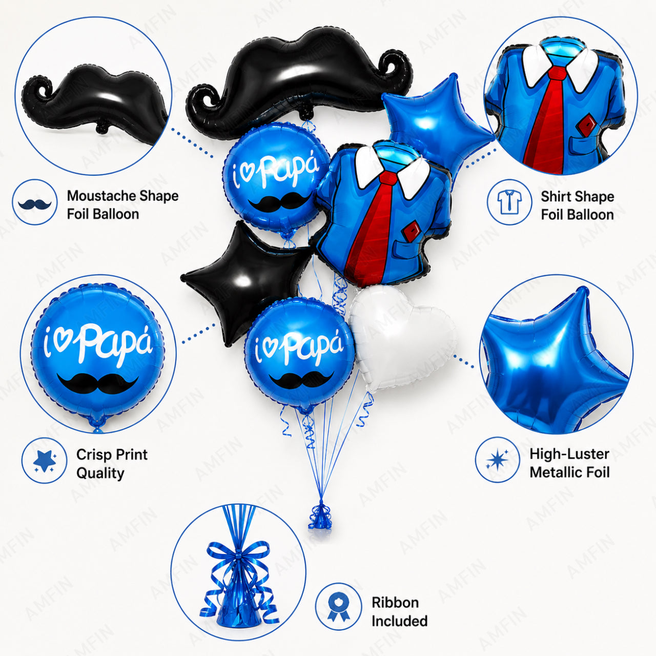 AMFIN [Signature Bunch Series] Father’s Day Balloon Moustache & Shirt with Tie Bouquet V4 - Pack of 7