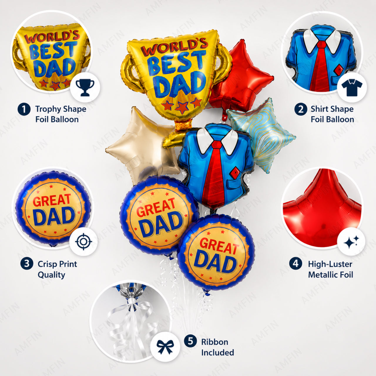 AMFIN [Signature Bunch Series] World's Best Dad Father’s Day Balloon Bouquet V1 - Pack of 7