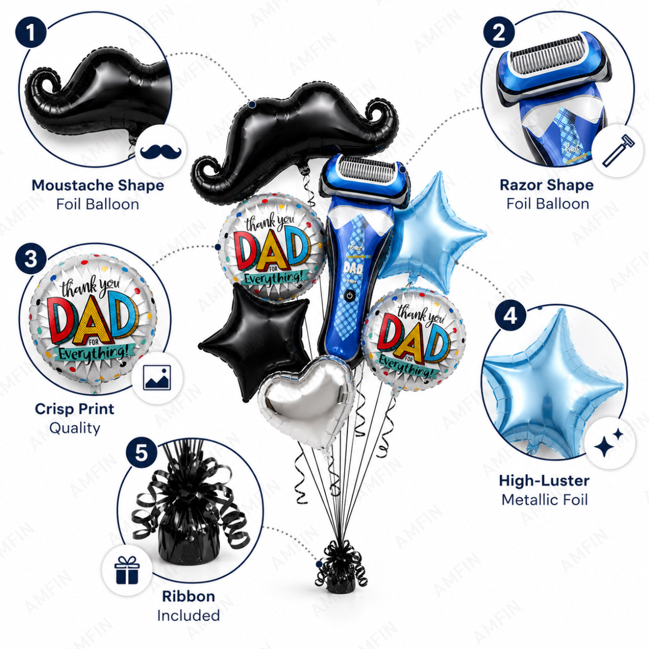 AMFIN [Signature Bunch Series] Father's Day Balloon Bouquet Shaving Razor Moustache Theme V2 - Pack of 7