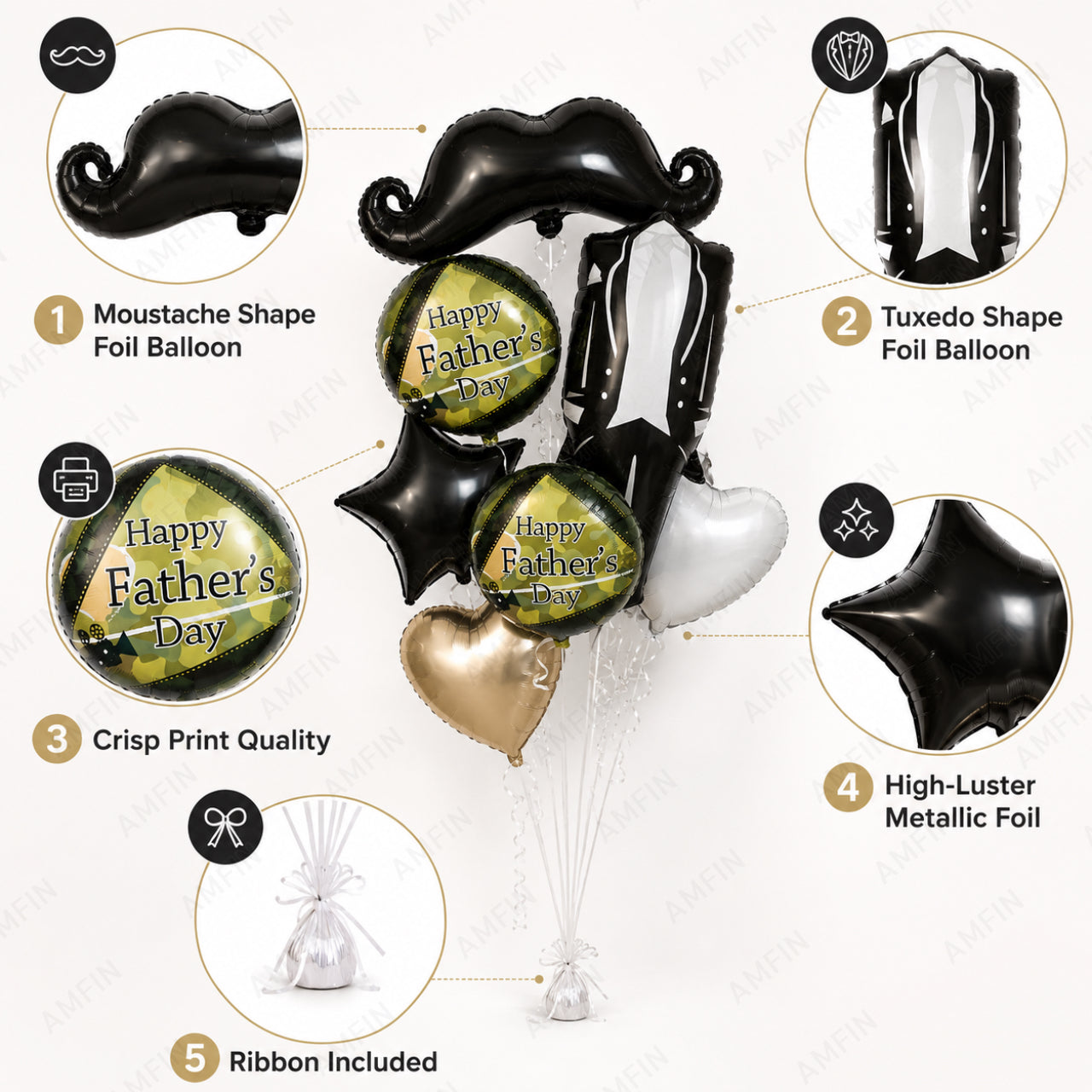 AMFIN [Signature Bunch Series] Father’s Day Moustache & Tuxedo Suit Balloon Bouquet V6 - Pack of 7