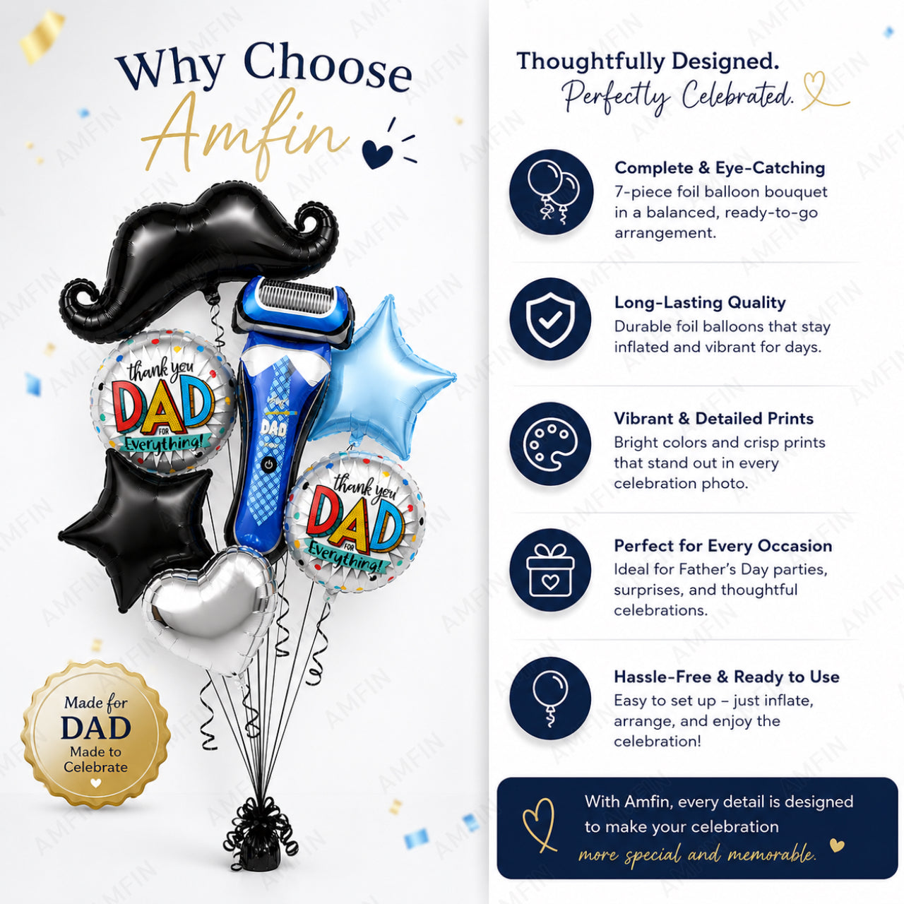 AMFIN [Signature Bunch Series] Father's Day Balloon Bouquet Shaving Razor Moustache Theme V2 - Pack of 7