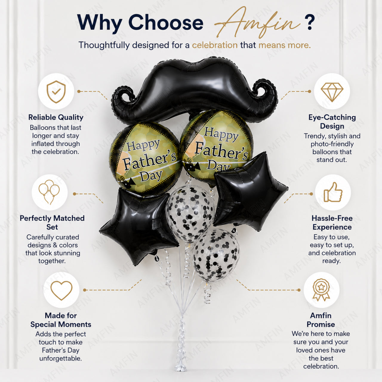 AMFIN [Elite Bunch Series] Father's Day Moustache Balloon Bouquet V6 - Pack of 7