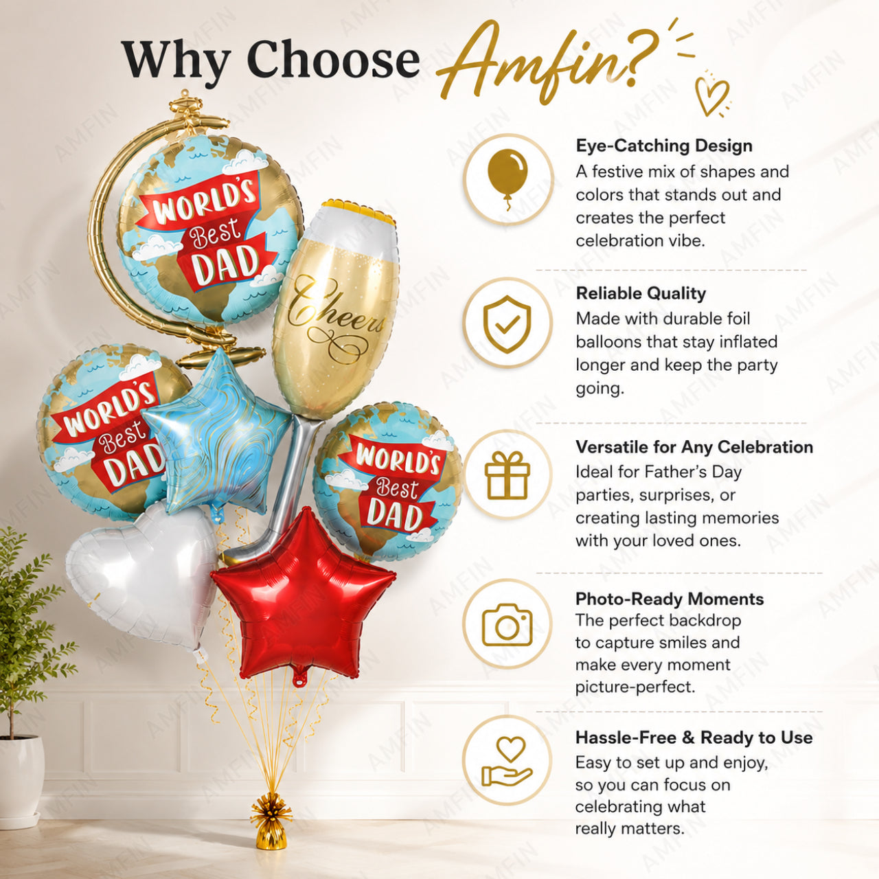 AMFIN [Signature Bunch Series] Father’s Day Balloon Bouquet Globe Cheers V3 - Pack of 7