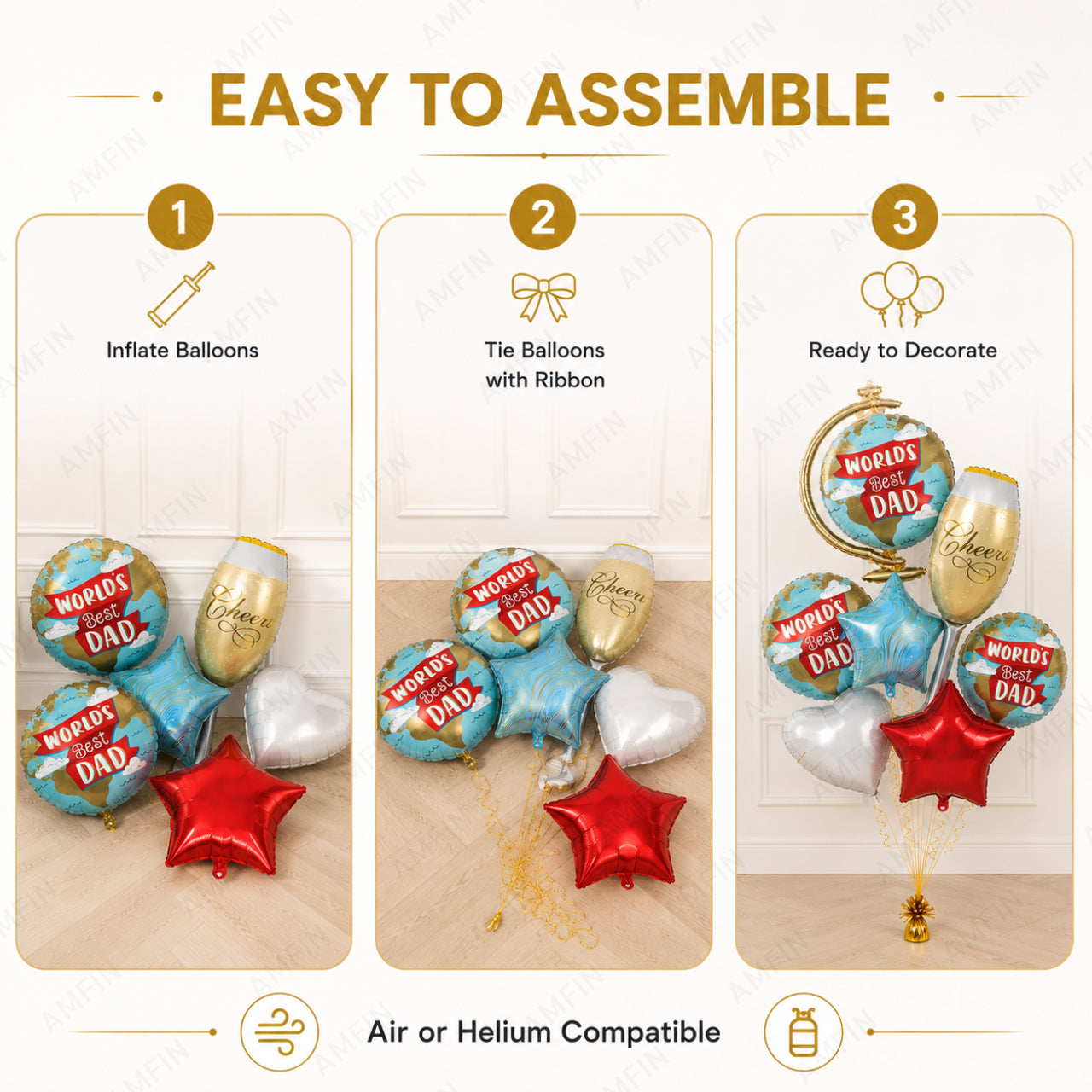 AMFIN [Signature Bunch Series] Father’s Day Balloon Bouquet Globe Cheers V3 - Pack of 7