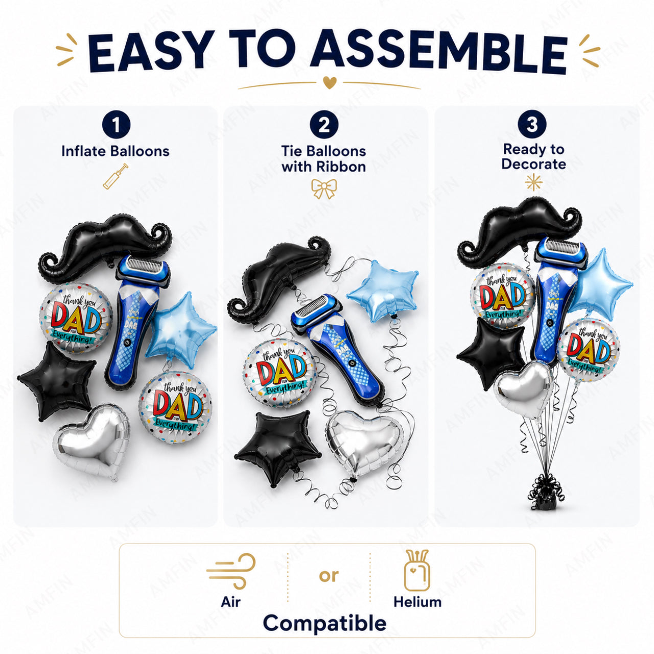 AMFIN [Signature Bunch Series] Father's Day Balloon Bouquet Shaving Razor Moustache Theme V2 - Pack of 7